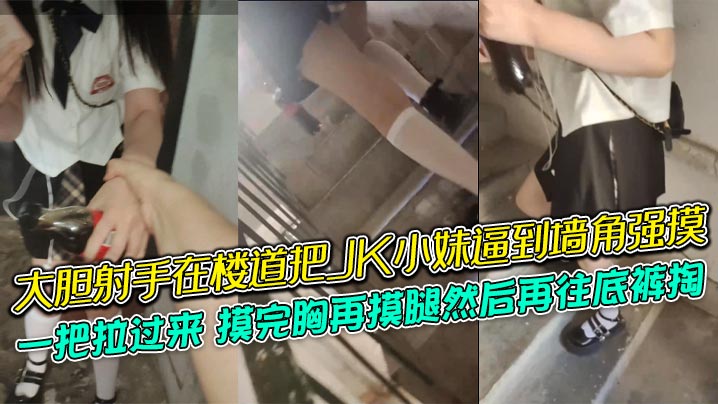 大胆射手在楼道把JK小妹逼到墙角强摸，一把拉过来，摸完胸再摸腿然后再往底裤掏，牛逼